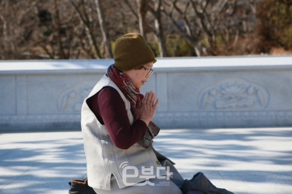 용문사 지장보살상 앞에서 기도를 올리는 혜원정사 신도